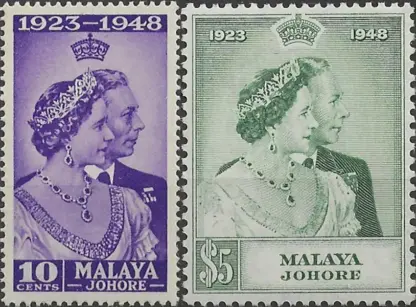Johore, Silver Wedding Anni., 1948, 10c, $5, SG 131, 132