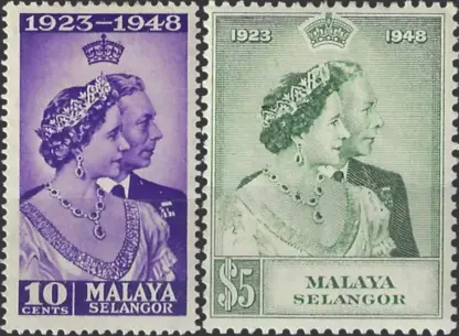 Selangor, Silver Wedding Anni., 1948, 10c, $5, SG 88, 89