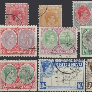 King George VI, St Kitts Nevis 1938, ½d-£1, SG 67-77f
