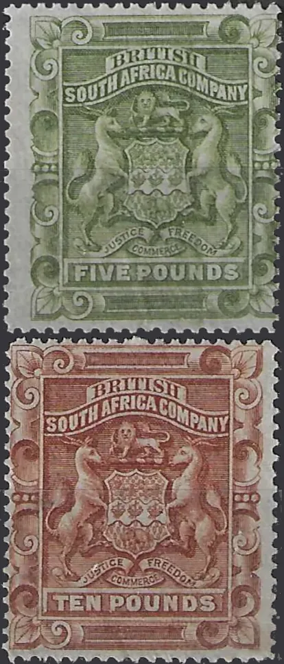 Coat of Arms, Rhodesia 1892-93, £5, £10, SG 12, 13