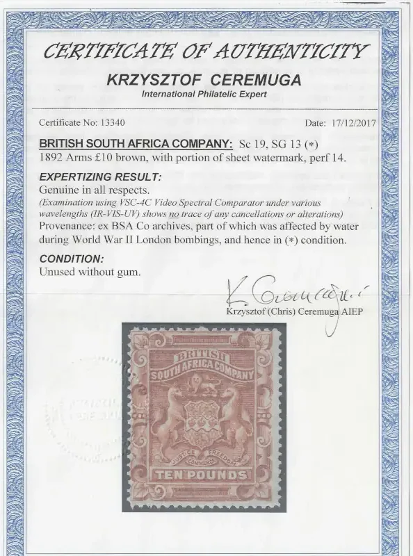 Coat of Arms, Rhodesia 1892-93, £5, £10, SG 12, 13 - Image 2