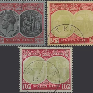 KGV, St Kitts-Nevis 1920, 2/6, 5/-, 10/-, SG 33 - 35