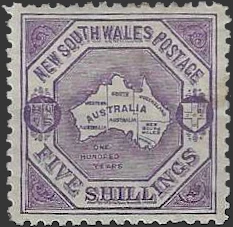 Map Of Australia, New South Wales 1890, 5/- Watermark