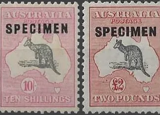 Kangaroos, Australia 1929-30, 10/- & £2, SM WMK, SG 112-4s