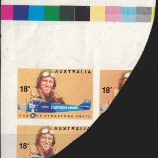 Australia 1977 18c Kingsford Smith Imperforations corner with colour margins Variety Printers waste but one value intact